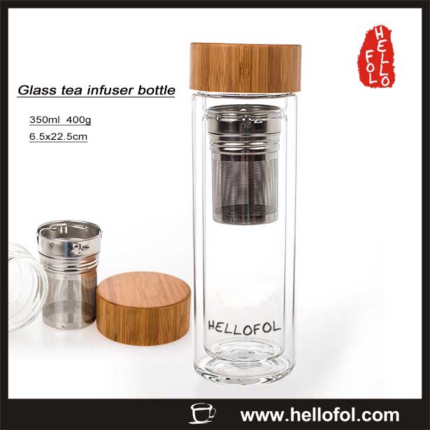 glass tea infuser water drinking bottle with bamboo lid